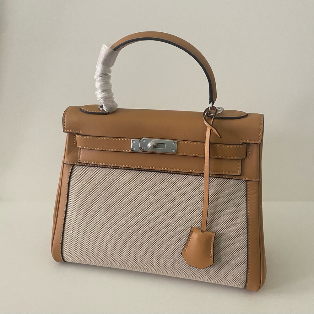 Tan Khaki Canvas Textile Leather 28 CM Belted KL Bag Structured Satchel B9/S